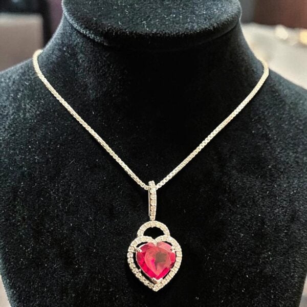 Pave 3.50 Cts Round Brilliant F/VS1 Diamonds Heart Ruby Necklace 14K White Gold