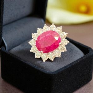 Stunning 6.02 Cts Round Brilliant Cut Diamonds Ruby Cocktail Ring 14K White Gold