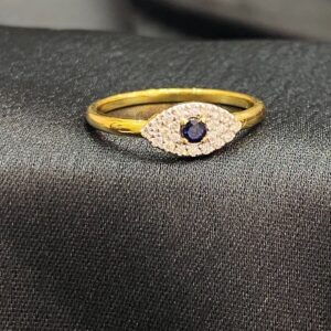 0.35 Carats Round Brilliant Diamonds Blue Sapphire Anniversary Ring 18K Yellow Gold