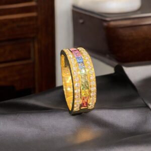 Pave 2.52 Cts Round Brilliant Cut Diamonds Sapphire Unisex Rainbow Ring 18K Gold