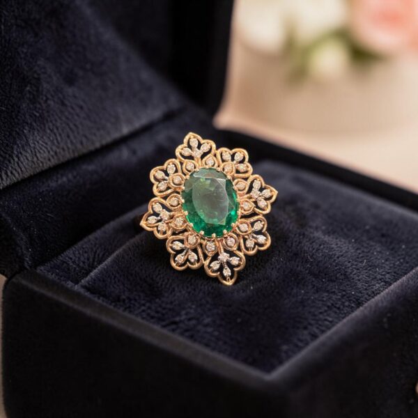 R-201 (24) Stunning 5.35 Ct Round Brilliant F/VS1 Diamonds Emerald Party Ring 14K Rose Gold