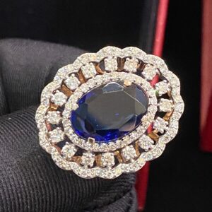 Pave 6.10 Carats Round Brilliant Cut Diamonds Sapphire Cocktail Ring In 14K Gold