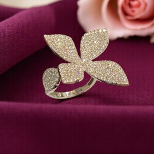R-405 (17) Pave 2.60 Cts Round Brilliant Cut Diamonds Floral Cocktail Ring 14K White Gold