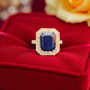 R-415 (26) Pave 5.74 Cts Round Brilliant Cut Diamonds Blue Sapphire Cocktail Ring 14K Gold
