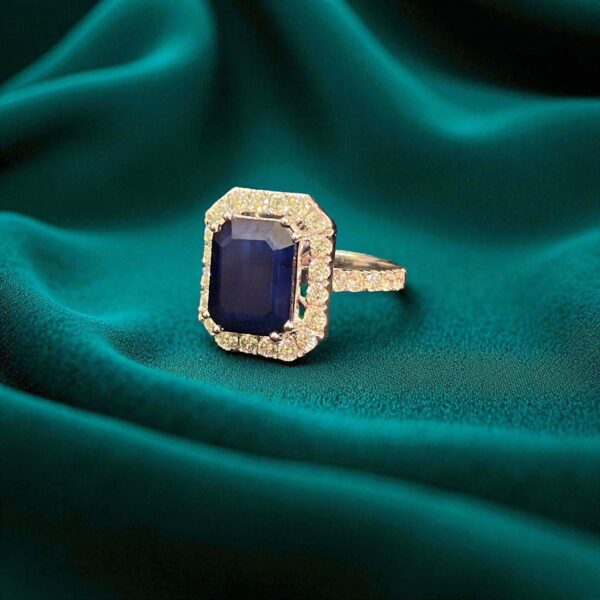 R-415 (27) Pave 5.74 Cts Round Brilliant Cut Diamonds Blue Sapphire Cocktail Ring 14K Gold