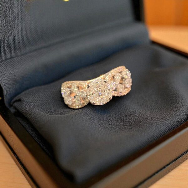 Pave 2.08 Cts Pear Marquise Round Princess Shape Diamonds Wedding Ring 14K Gold