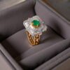 R-428 (3) Pave 2.40 Cts Round Baguette Cut Natural Diamonds Emerald Cocktail Ring 14K Gold