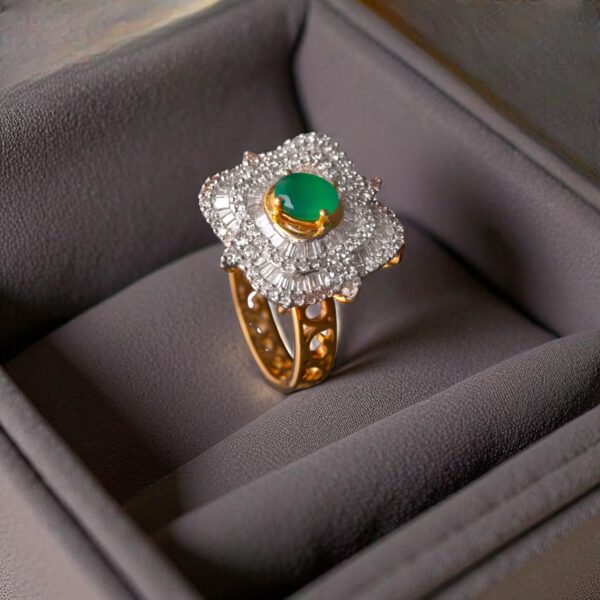 R-428 (3) Pave 2.40 Cts Round Baguette Cut Natural Diamonds Emerald Cocktail Ring 14K Gold