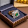 R-428 (4) Pave 2.40 Cts Round Baguette Cut Natural Diamonds Emerald Cocktail Ring 14K Gold