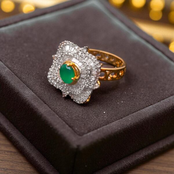 R-428 (5) Pave 2.40 Cts Round Baguette Cut Natural Diamonds Emerald Cocktail Ring 14K Gold