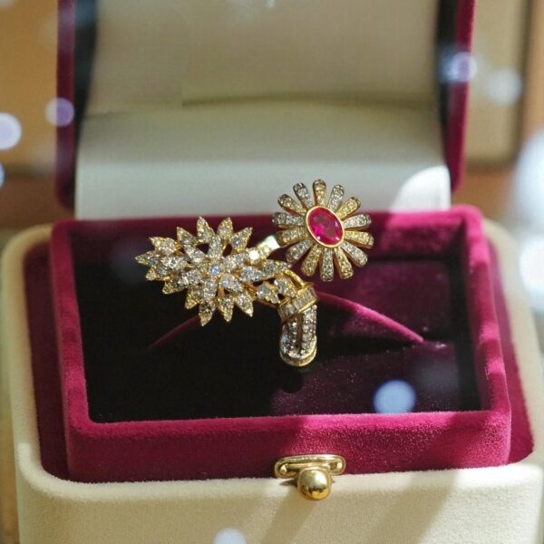 Elegant 4.16 Cts Round Baguette Cut Diamonds Ruby Cocktail Ring 14K Yellow Gold