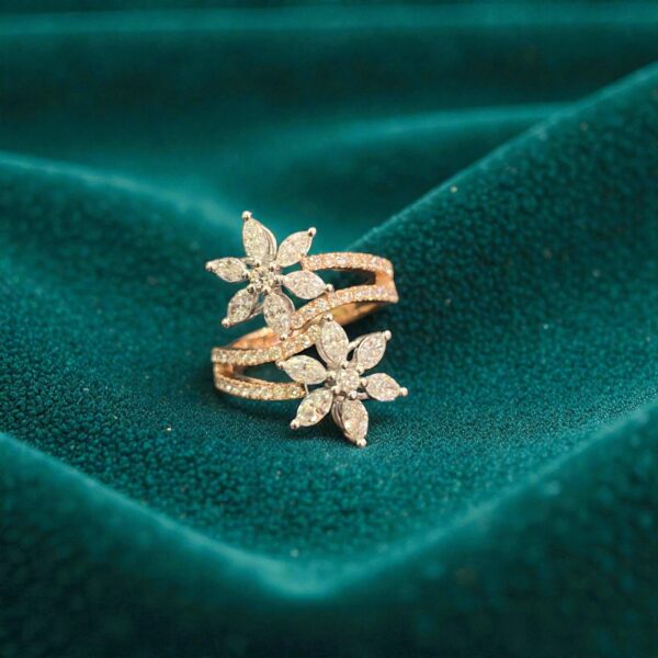R-473 (22) Pave 1.96 Cts Marquise Round Shape Diamonds Floral Engagement Ring 14K Gold