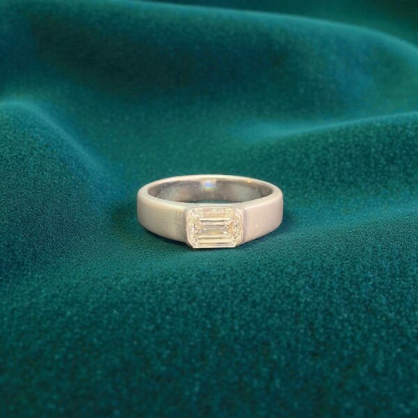 R-474 (28) GIA Certified 1.50 Cts F/VS1 Emerald Shape Diamond East-West Men’s Ring 18K Gold