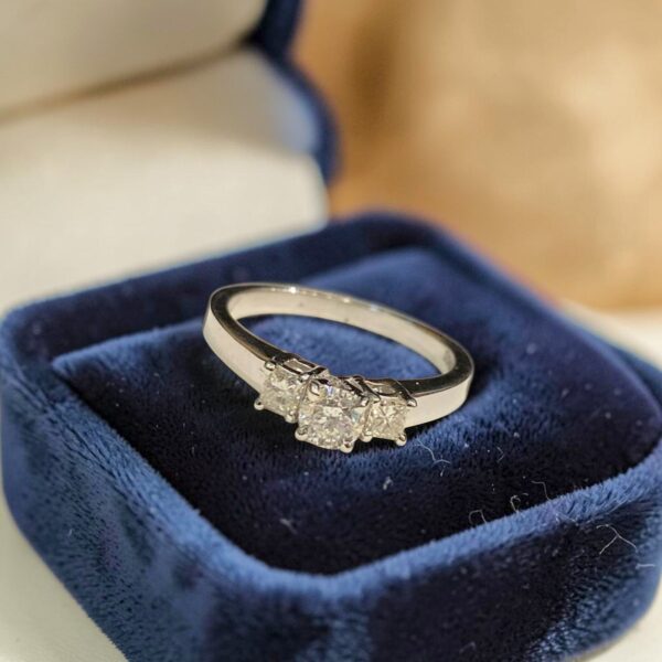Stunning 0.90 Cts Round Princess Shape F/VS1 Diamonds Three-Stone Ring 14K Gold