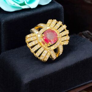 R-502 (31) Pave 5.33 Cts Round Baguette Shape Diamonds Ruby Cocktail Ring 14K Yellow Gold