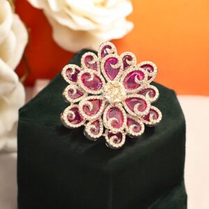 R-521 (18) Pave 19.60 Cts Round Brilliant Cut Diamonds Ruby Cocktail Party Ring 14K Gold