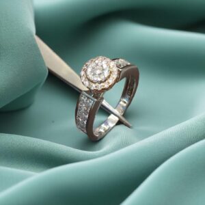 R-542 (18) Pave 1.07 Cts Princess Round Cut Natural Diamonds Halo Engagement Ring 14K Gold