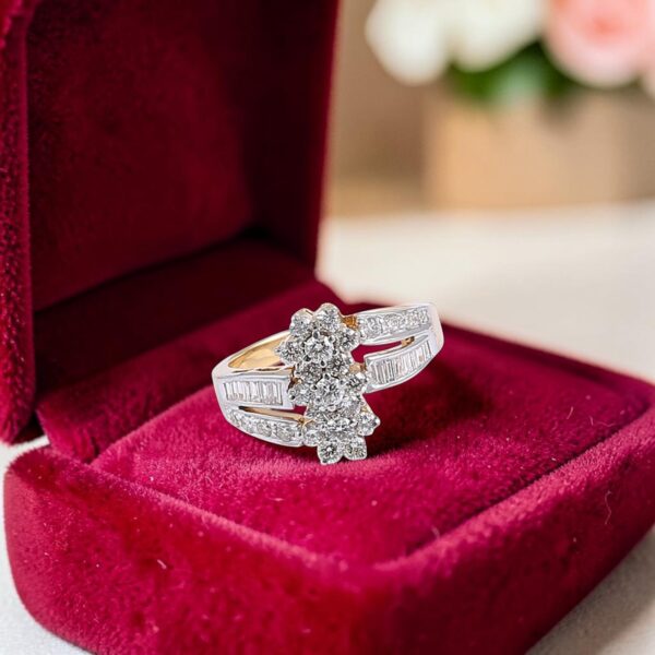 Pave 1.10 Cts Round Baguette F/VS1 Diamonds Engagement Ring In 14K Yellow Gold