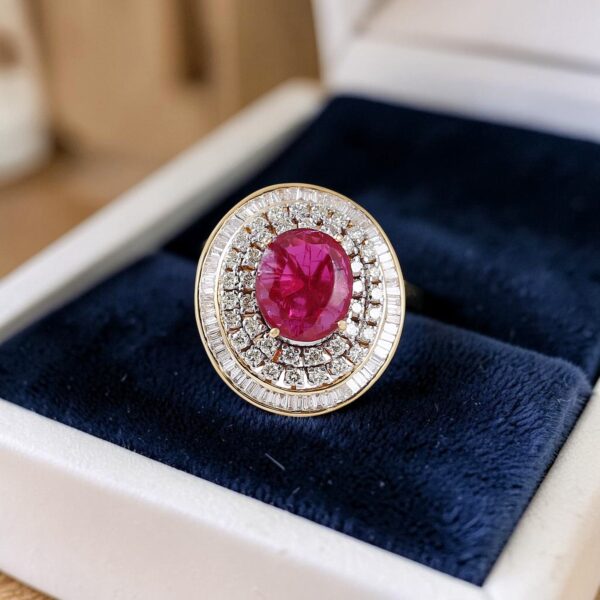 Pave 9 Cts Round Baguette Cut F/VS1 Diamonds Ruby Cocktail Ring 14K Yellow Gold