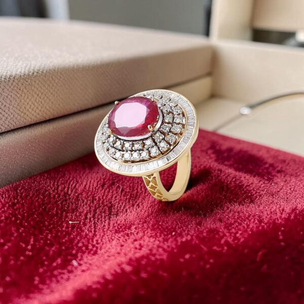 Pave 9 Cts Round Baguette Cut F/VS1 Diamonds Ruby Cocktail Ring 14K Yellow Gold