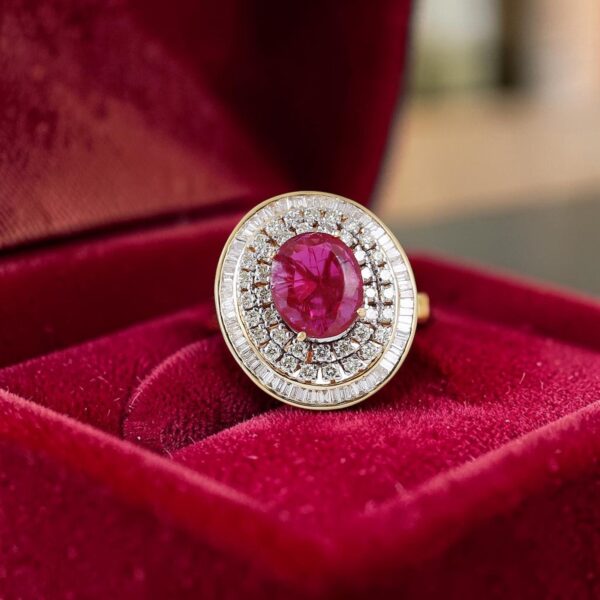Pave 9 Cts Round Baguette Cut F/VS1 Diamonds Ruby Cocktail Ring 14K Yellow Gold