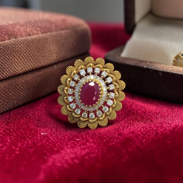 Pave 7.13 Cts Round Baguette Shape F/VS1 Diamonds Ruby Cocktail Ring In 14K Gold