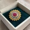 Pave 7.13 Cts Round Baguette Shape F/VS1 Diamonds Ruby Cocktail Ring In 14K Gold
