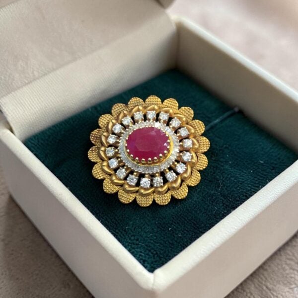 Pave 7.13 Cts Round Baguette Shape F/VS1 Diamonds Ruby Cocktail Ring In 14K Gold