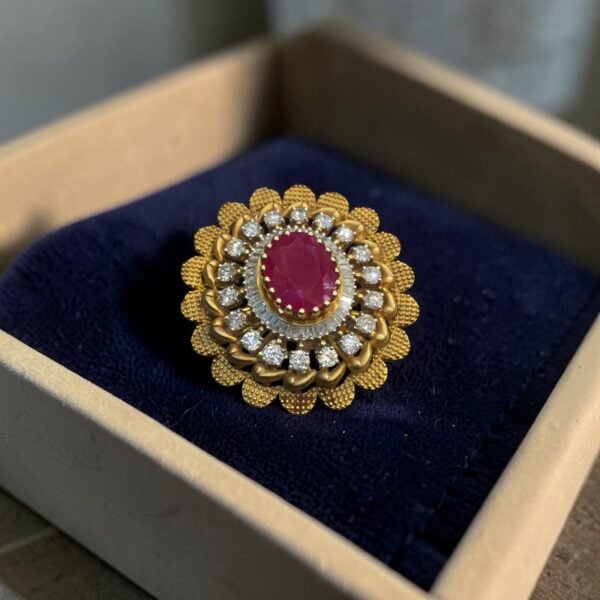 Pave 7.13 Cts Round Baguette Shape F/VS1 Diamonds Ruby Cocktail Ring In 14K Gold