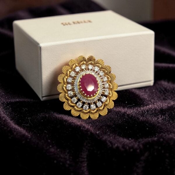 Pave 7.13 Cts Round Baguette Shape F/VS1 Diamonds Ruby Cocktail Ring In 14K Gold