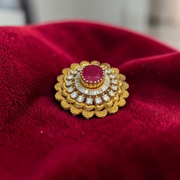 Pave 7.13 Cts Round Baguette Shape F/VS1 Diamonds Ruby Cocktail Ring In 14K Gold