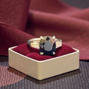 5.25 Cts F/VS1 Tapered Baguette Diamonds Blue Sapphire Three-Stone Ring 18K Gold