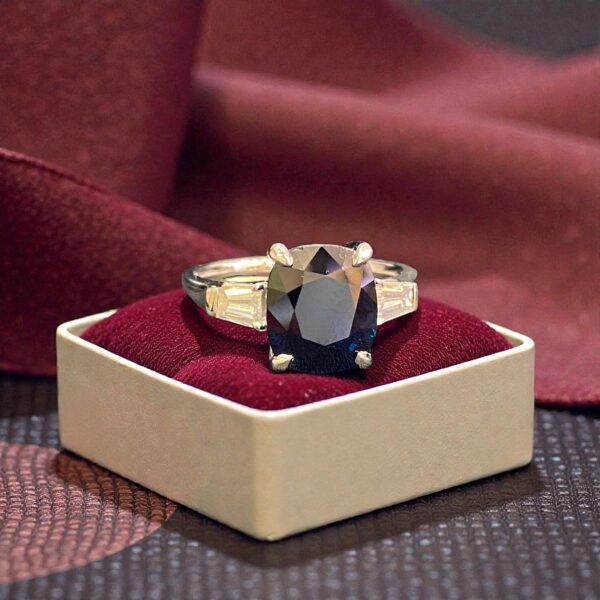 5.25 Cts F/VS1 Tapered Baguette Diamonds Blue Sapphire Three-Stone Ring 18K Gold