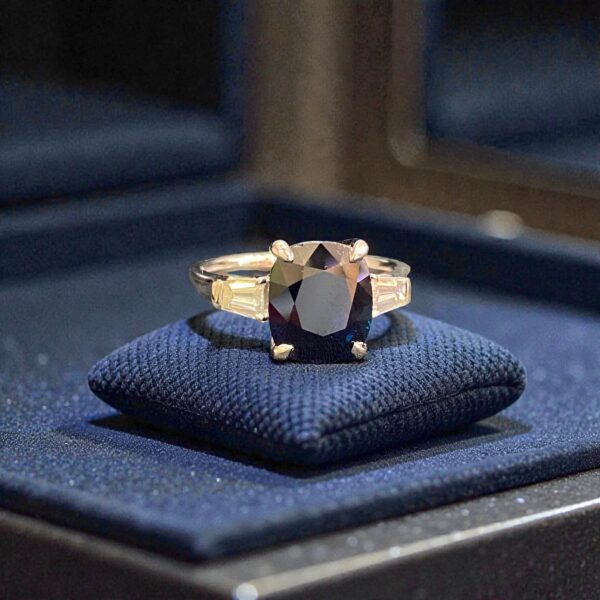5.25 Cts F/VS1 Tapered Baguette Diamonds Blue Sapphire Three-Stone Ring 18K Gold