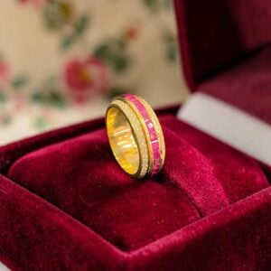 Home 10 Pavé 3.66 Cts Round F/VS1 Diamonds Ruby Unisex Spinner Band Ring 18K Yellow Gold
