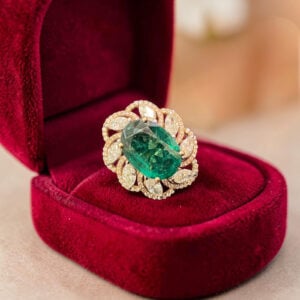Pavé 1.95 Cts Marquise Round Shape F/VS1 Diamonds Emerald Cocktail Ring 14K Gold