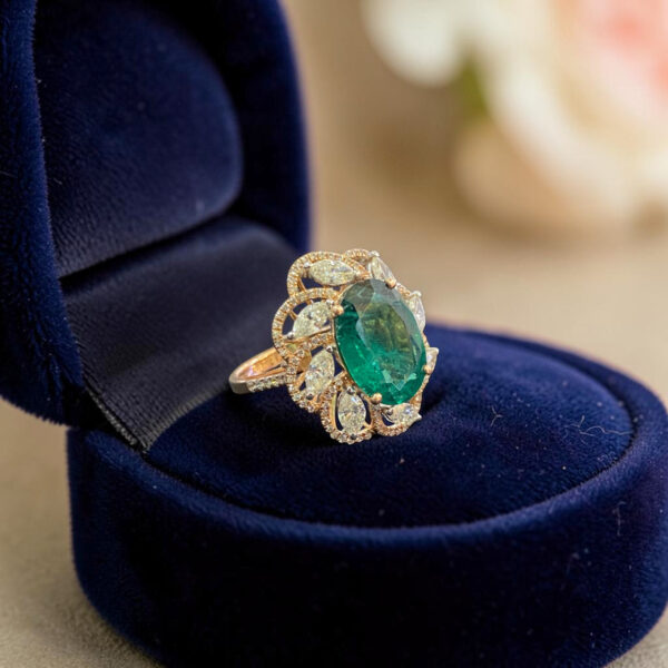 Pavé 1.95 Cts Marquise Round Shape F/VS1 Diamonds Emerald Cocktail Ring 14K Gold