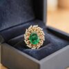 Classic 0.88 Cts Round Brilliant F/VS1 Diamonds Emerald Cocktail Ring 14K Gold