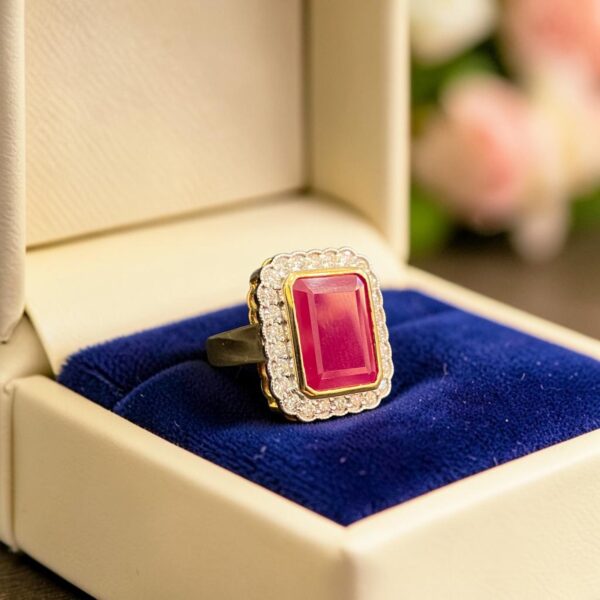 Pavé 0.68 Cts Round Brilliant F/VS1 Diamonds Ruby Bezel Set Ring 14K Rose Gold