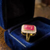 Pavé 0.68 Cts Round Brilliant F/VS1 Diamonds Ruby Bezel Set Ring 14K Rose Gold