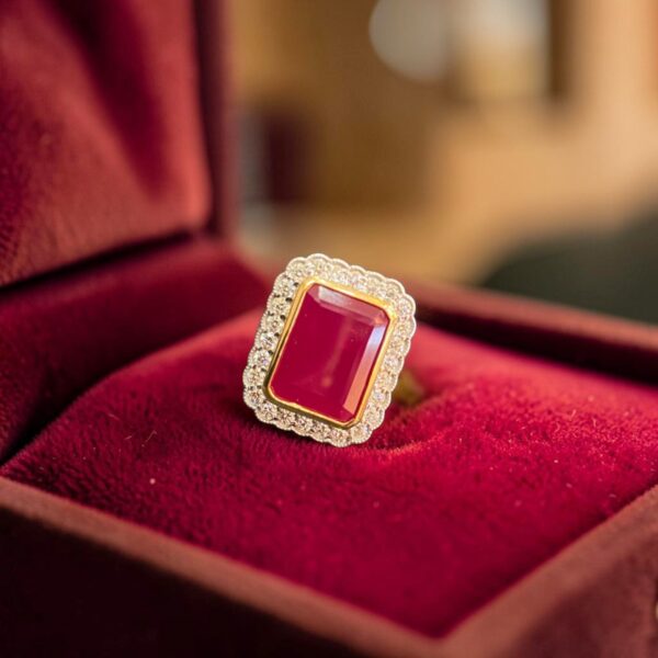 Pavé 0.68 Cts Round Brilliant F/VS1 Diamonds Ruby Bezel Set Ring 14K Rose Gold