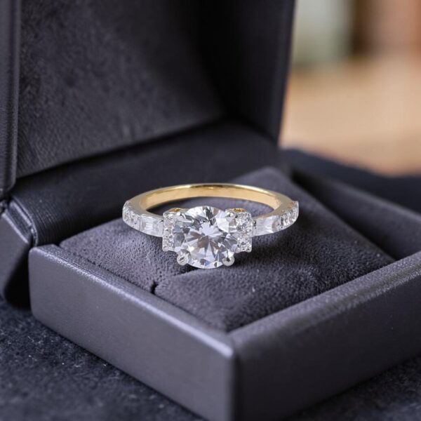 GIA Certified 1.15 Carats Round Baguette F/VS1 Diamonds Engagement Ring 14K Gold
