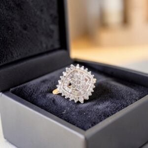 1.45 Cts Round Baguette F/VS1 Diamonds Cluster Engagement Ring 14K Yellow Gold