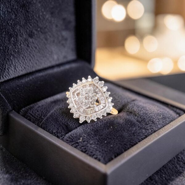 1.45 Cts Round Baguette F/VS1 Diamonds Cluster Engagement Ring 14K Yellow Gold
