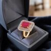 1.52 Cts Round Brilliant F/VS1 Diamonds Pavé Ruby Cocktail Ring 14K Yellow Gold