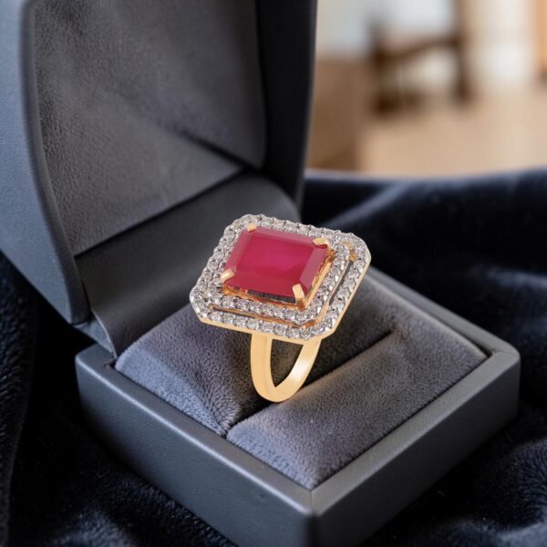 1.52 Cts Round Brilliant F/VS1 Diamonds Pavé Ruby Cocktail Ring 14K Yellow Gold