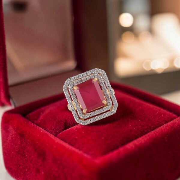 1.52 Cts Round Brilliant F/VS1 Diamonds Pavé Ruby Cocktail Ring 14K Yellow Gold
