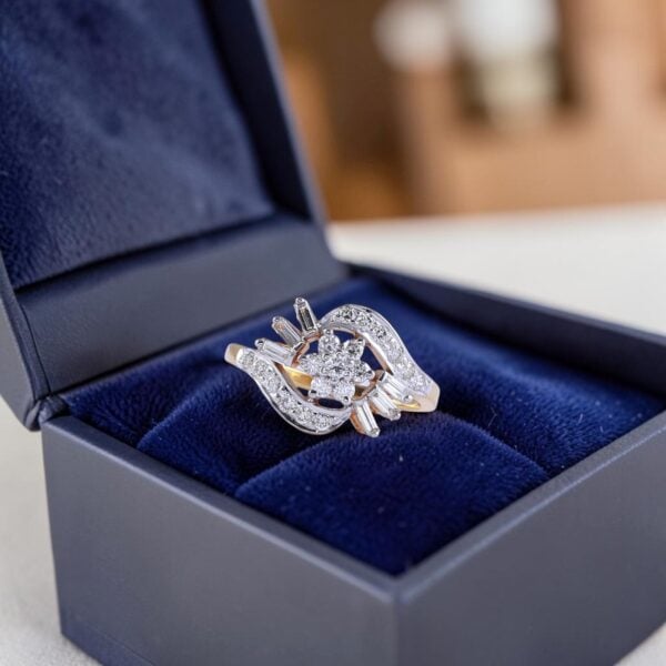 Pavé 0.65 Cts Round Baguette Shape F/VS1 Diamonds Cluster Ring 18K Yellow Gold