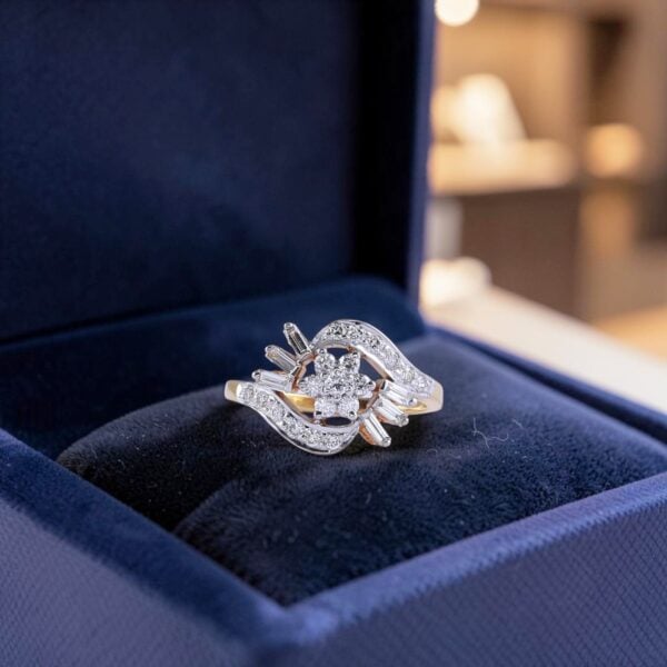 Pavé 0.65 Cts Round Baguette Shape F/VS1 Diamonds Cluster Ring 18K Yellow Gold