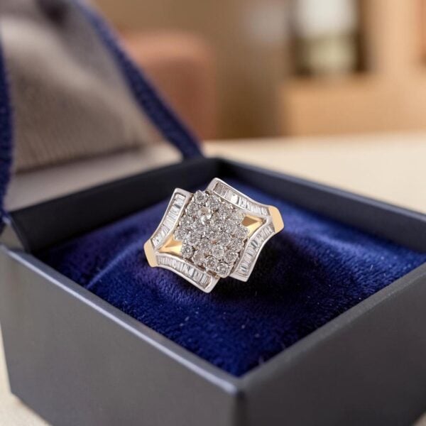 R-701 (5) Pavé 1.28 Cts Round Baguette Cut F/VS1 Diamonds Cluster Engagement Ring 14K Gold